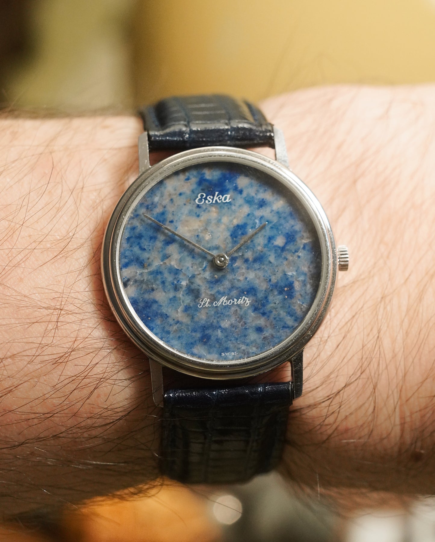 1980’s Eska St Moritz Lapis Lazuli Stone Dial In Steel