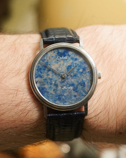 1980’s Eska St Moritz Lapis Lazuli Stone Dial In Steel