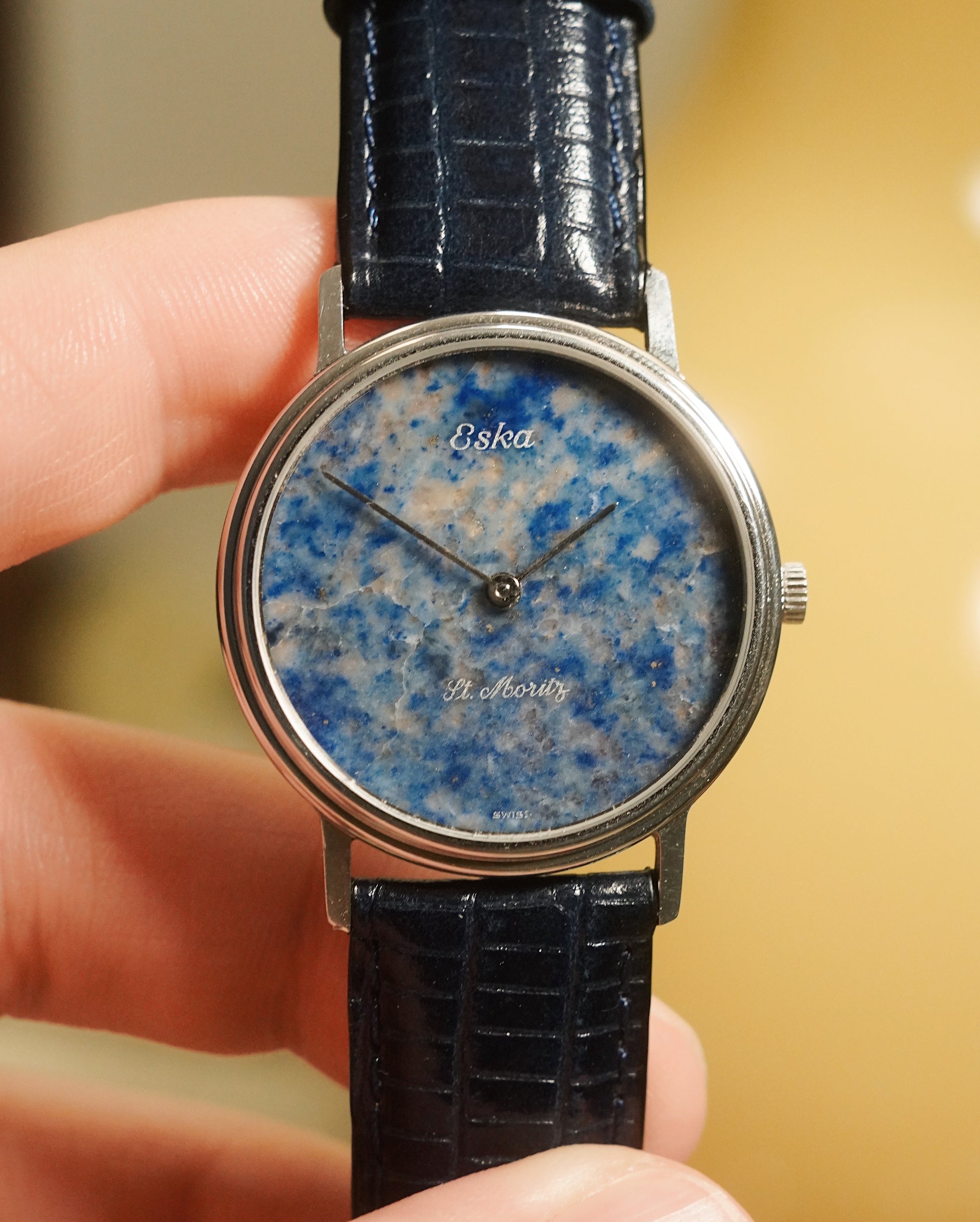1980’s Eska St Moritz Lapis Lazuli Stone Dial In Steel