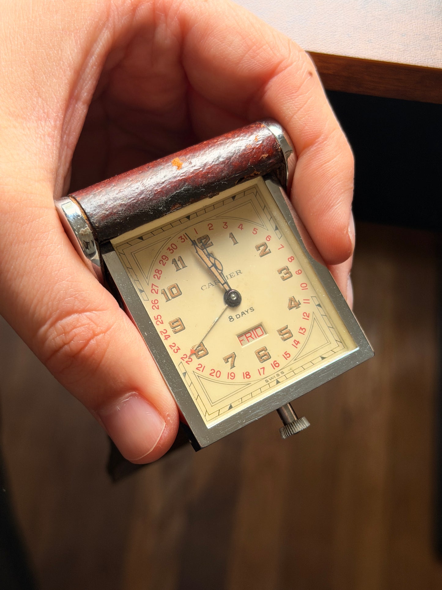 Vintage Cartier Signed “Ados” LeCoultre Full Calendar Travel Clock