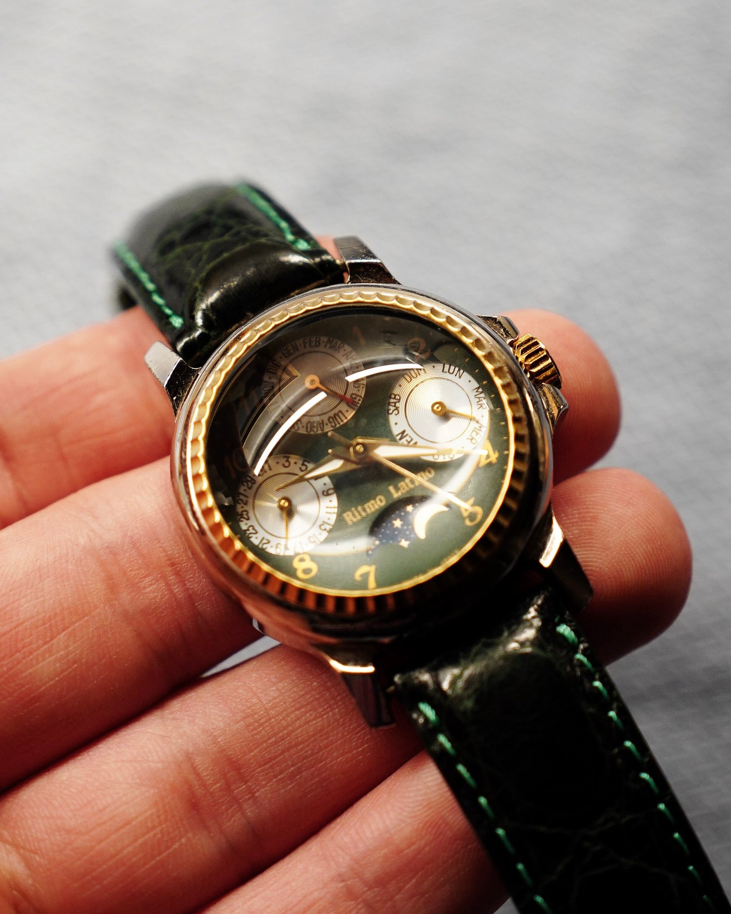 Ritmo Latino Moonphase Triple Calendar Watch Sapphire Green Croc Leather Big Dome Crystal